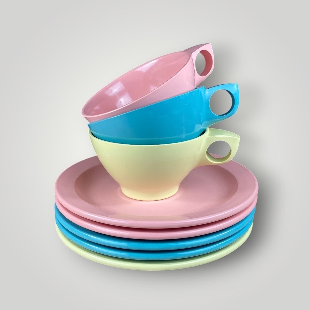 Boontonware Melmac Melamine Dessert Plates Cups Pink Yellow Turquoise Set of 8